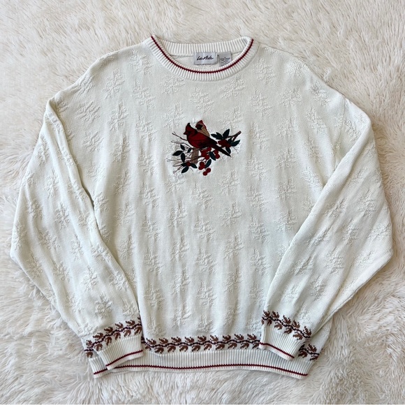 Red cardinal sweater center appliqué ribbed crewneckh hem and cuff snowf… - Picture 1 of 10
